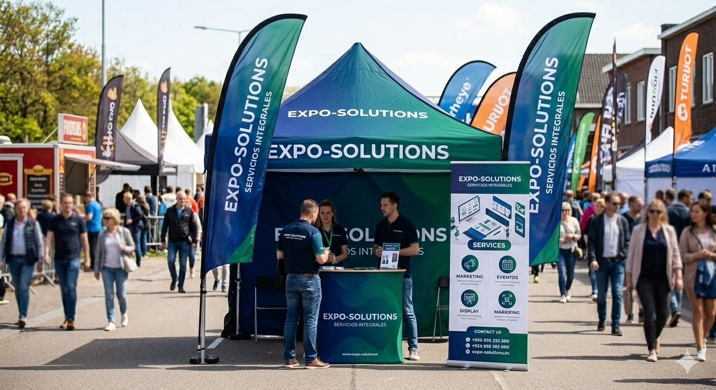 banderas publicitarias combinadas con stand