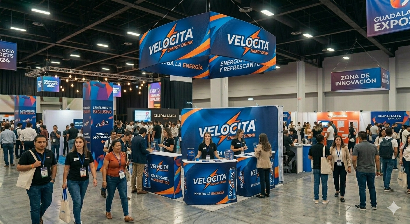 estructura colgante para stand en feria