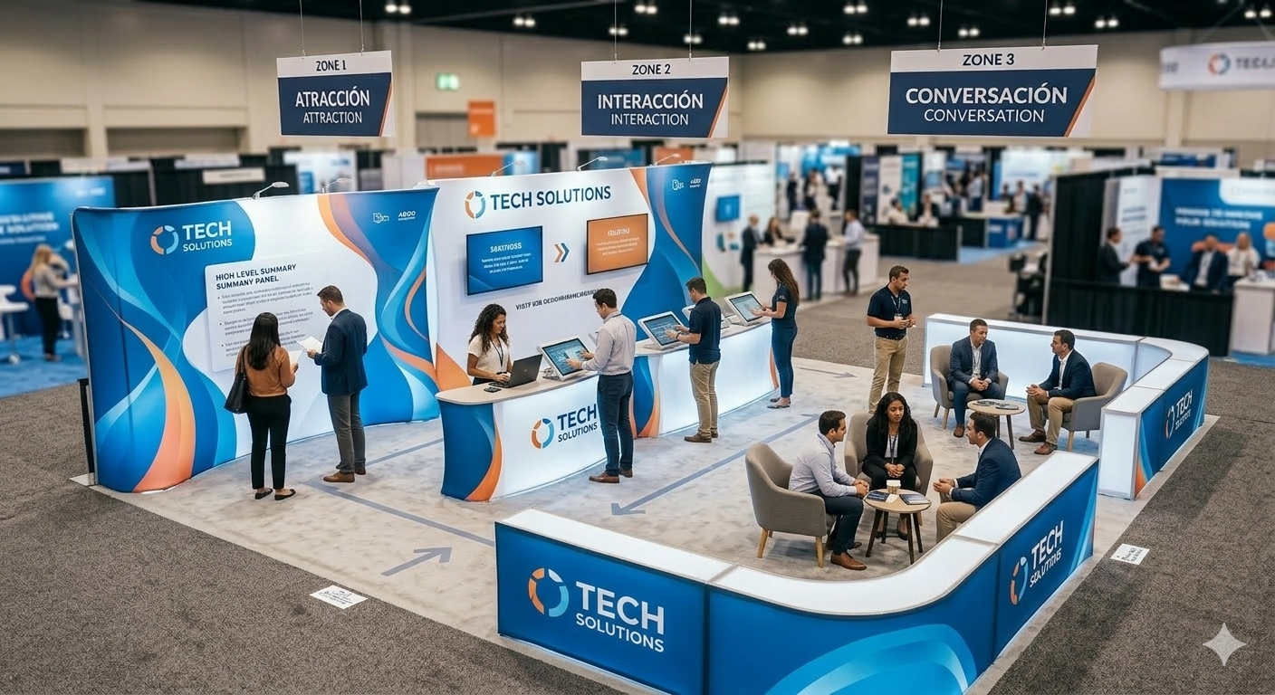 recorrido de visitantes en stand de exposiciones