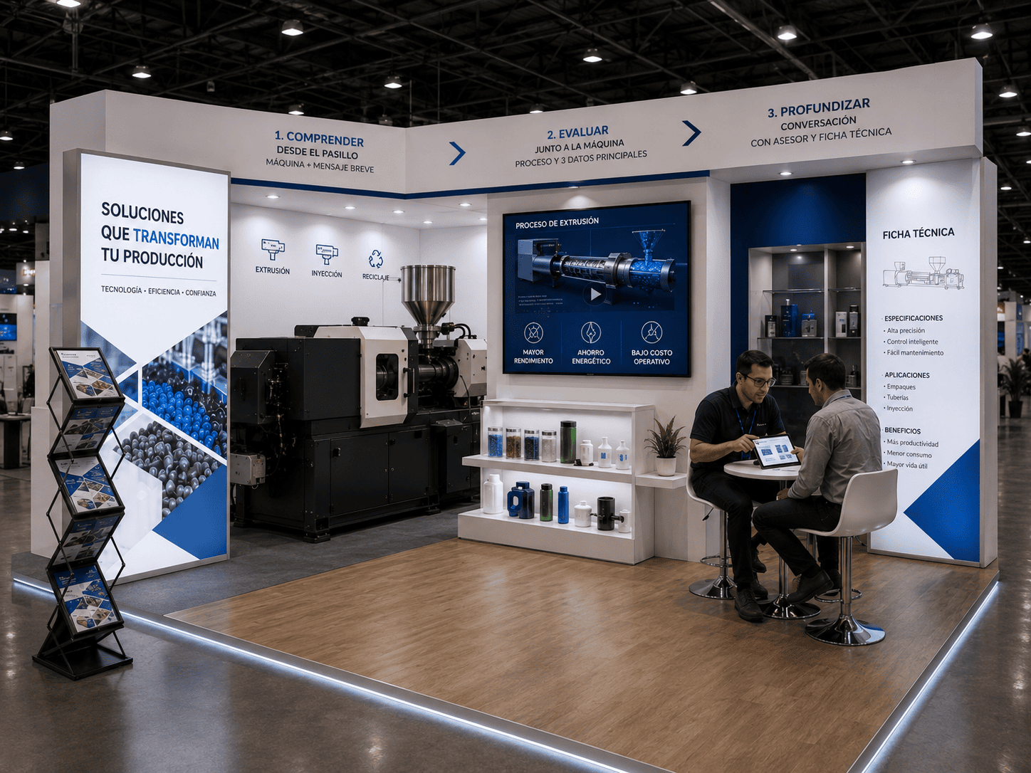 información técnica y pantallas en stand para industria del plástico