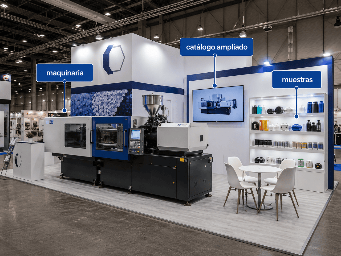 stand para expo de plásticos con maquinaria y muestras industriales